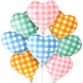 Katchon, Multi Heart Shaped Helium Balloons - Pack of 8(18inch) | Plaid Balloons for Parties | Checkered Foil Balloons for Birthday Decoration | Colorful Bridal Shower Decoration with Heart Balloons
