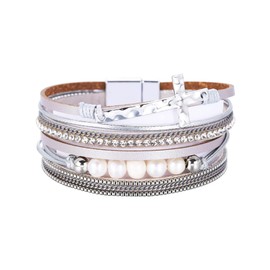 Multi-Layer Leather Bracelets for Women Infinity Leather Wrap Bracelets Bohemian Stackable Wristband Cuff Bangle Bracelet with Magnetic Clasp (Cross Leather Wrap Bracelet-Silver)