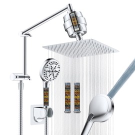 iFealClear Metal Rain Filtered Shower Head, 10” High Pressure Rainfall Shower Head with Handheld Spray, 5“ Handheld Powerful Wash 10-Mode, 16" Adjustable Extension Arm, 20-Stage Shower Filters, Chrome