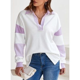BLENCOT Womens Fashion Colorblock Sweatshirt Oversized Striped Tops Long Sleeve V Neck Side Slit Lightweight Polo Shirts Fall Pullover Purple Small