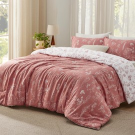 Bedsure Twin Comforter Set - Grayish Pink Bed Set, 2 Pieces Cute Floral Bedding, 1 Soft Reversible Botanical Flowers Comforter and 1 Pillow Sham