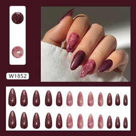 Almond Press on Nails Medium Wine Red Fake Nails with Red Marble Design Cute False Nails Deep Red Artificial Nails Glossy Full Cover Acrylic Glue on Nails Almond Stick on Nails for Women Girls 24Pcs