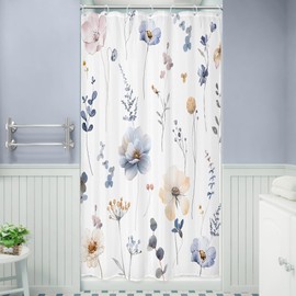 Omifly Small Stall Rv Watercolor Flower Shower Curtain Sets 36Wx72H Inch Half Spring Blue Beige Floral Plant Boho Shower Curtains for Bathroom Washable Fabric Modern Polyester with 7 Plastic Hooks