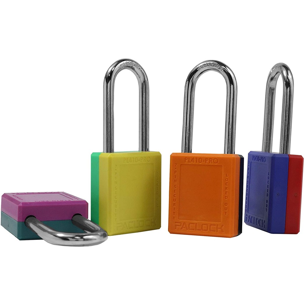PACLOCK's PL410-PRO Safety Lock Out (Loto) Series Padlock, USA Produced, Custom 2-Tone Thermoplastic, High Security 7-Pin Cylinder with 1 Key per Lock, Keyed Alike, Hard. Steel Shackle, 2" Height