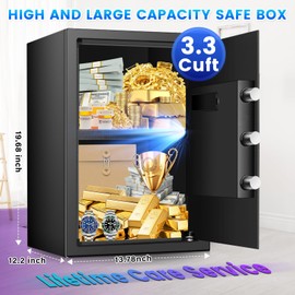 3.3 Cuft Safe Box, Home Safe with Fireproof Waterproof Bag, Anti-Theft Digital Security Lock Box with Smart Alert System, Removable Shelf, Mute Function, Personal Document Safes for Money Jewelry