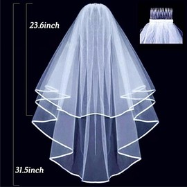 CICILIAYA Bridal Veil, Short Elegant Bridal Tulle with Comb, Short Wedding Veil, Ribbon Edge, Bridal Veil for Hen Party, White