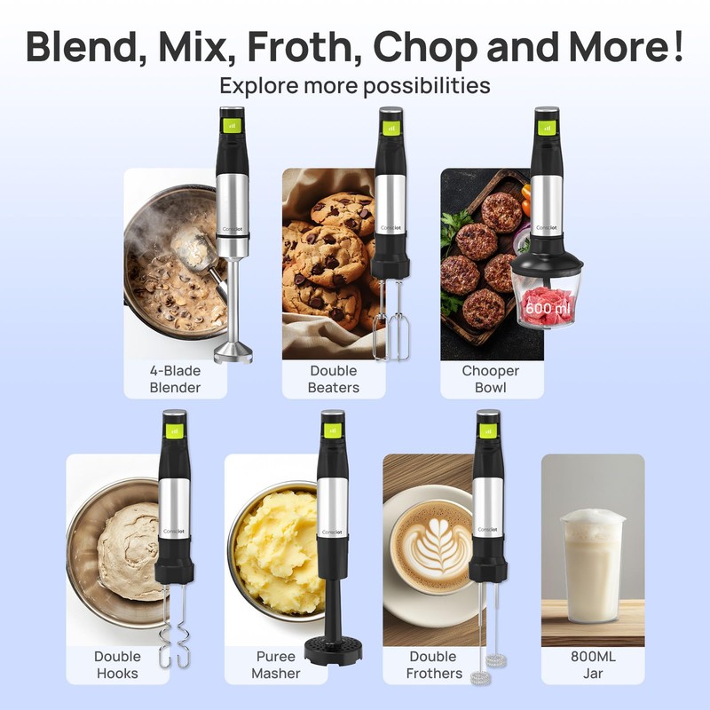 Consciot 7-in-1 Immersion Blender Handheld Max 1100W, Stick Emulsifier with