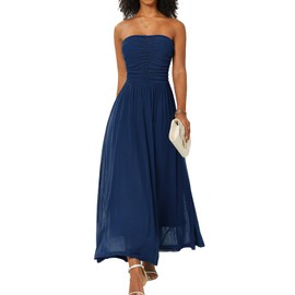 DRESSTELLS Women's Cocktail Dresses, Strapless Long Formal 2025 Wedding Guest Modest Summer Mesh Homecoming Prom Evening Gown Navy S
