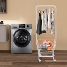 Laundry Cart,Steel Wire Laundry Cart,Laundry Basket With Wheels,Commercial Laundry Basket Cart Heavy Duty with Rod Rack 19.69x15.75x70.87in (D)