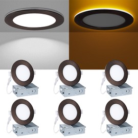 Wembanma 4 Inch LED Recessed Lighting - with Night Light, 2700K/3000K/4000K/5000K/6000K Dimmable Canless Recessed Light, 9W+3W, Wafer Downlight Soffit with Junction Box, 4inch 6P Oil-Rubbed Bronze