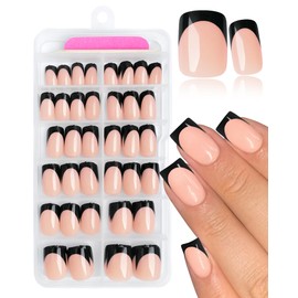 AddFavor French Tip Press on Nails Short Square Nail Tips,120pcs Black Deep French Nails Press on Acrylic Artificial Fake Nails with Adhesive Tab for Women