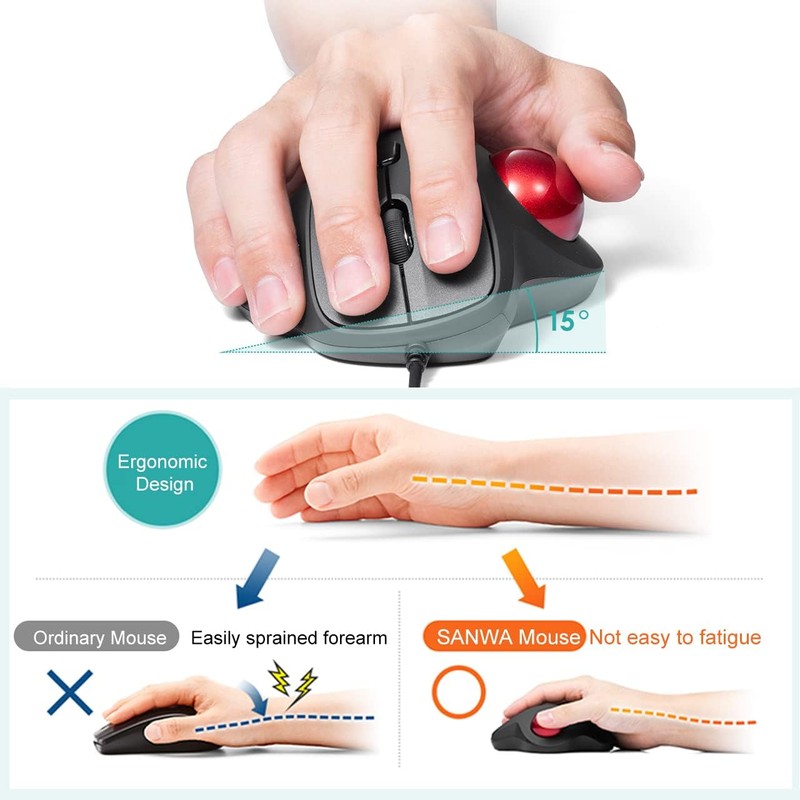 SANWA Wired Ergonomic Trackball Mouse, Optical Vertical Rollerball Mice, Silent