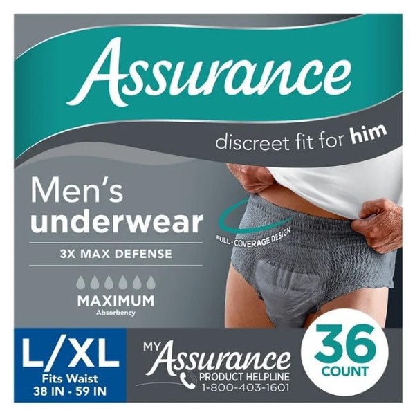 Assurance Men's Incontinence Underwear, L/XL, Maximum Absorbency ~ 36 Count