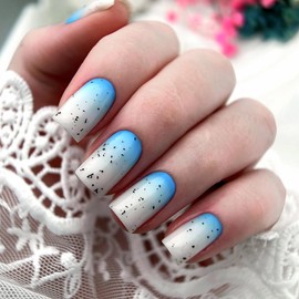 MERVF Square Press on Nails Medium Fake Nails Blue White Ombre French Tip Glue ons Acrylic Nail Summer Squoval Manicure Supplies Art DIY 24pcs Glossy