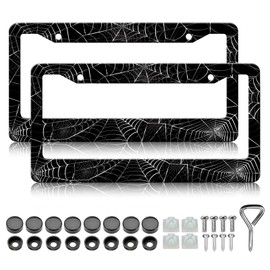 HCSS 2PCS Black White Spider Web License Plate Frames,Gothic Goth Aluminum Metal License Plate Holder Cover,Rust-Proof Waterproof Car Decorative Tag Frames for Standard US 12x6 Inch