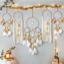 LOMOHOO Dream Catchers set of 5 Moon and Sun Design Boho Wall Hanging Room Decor,Handmade Feathers DreamCatcher for Boys Girls Bedroom Home Decoration,Brown
