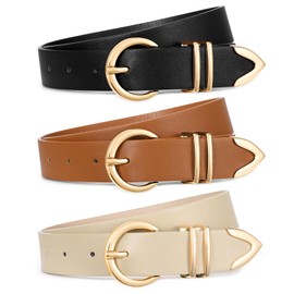 3 Pack Women's Belts for Jeans Dresses Fashion Ladies Skinny Leather Belt with Gold Buckle(Black+Brown+Beige)