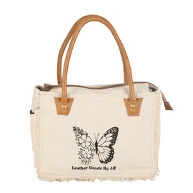 LeatherGoodsByAB LGBAB Canvas Tote Bag Pocket Butterfly Pattern Tote Bag for Women Leather Top Handle Work Bag for Travel, Work, Dating & Gym (White), Large