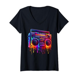 Womens Dripping Paint Boombox Old School 80s Music Hip Hop V-Neck T-Shirt