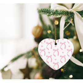 QIYUHOY Coquette Trendy Pink Bow Ornament, Keepsake Sign for Christmas Tree, Ceramic Heart Keepsake Birthday Decorations