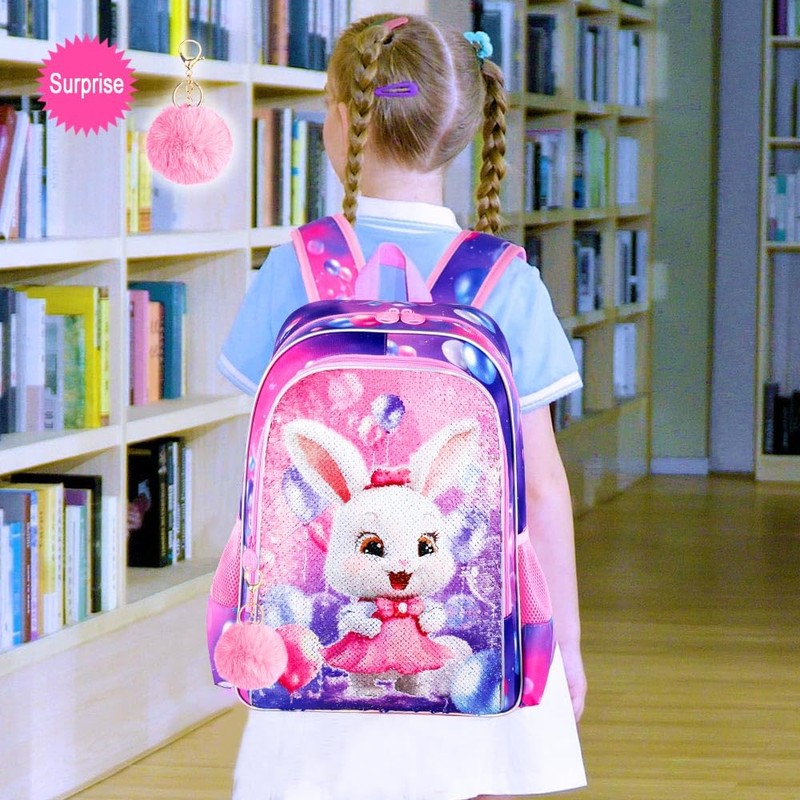 ZLYERT 16" Bunny Backpack, 3Pcs Girls Sequin Bookbag for Elementary