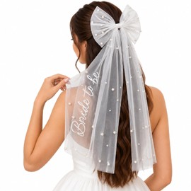 White Bride to Be Veil Pearl Tulle Bow Hair Clip for Wedding Morning Photos