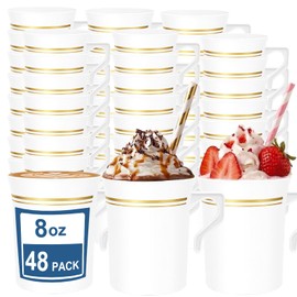48PCS Plastic Coffee Mugs with Handles,8 OZ Disposable Gold Rimmed Tea Cups
