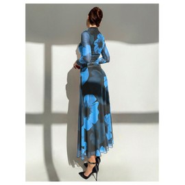 Verdusa Women's Floral Wedding Guest Dress Mesh Bodycon Long Sleeve Date Night Long Dresses Blue X-Small