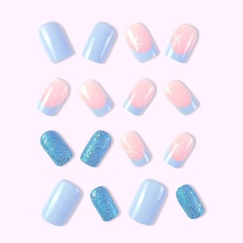 Snowflake Press on Nails Medium Christmas Blue French Square Fake Nails, White Snow Blue Glitter Acrylic Nails, Shiny False Nails Kits Super Fit Nail Tip Winter Stick Glue on Nails 24 Pcs