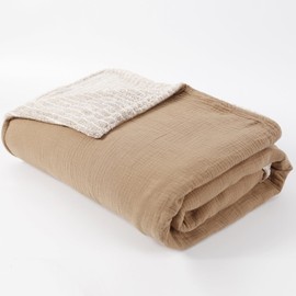 Dormlony Muslin Cotton Throw Blanket with Flannel for Bed,Super Soft Muslin Blanket with Cozy Flannel for Adults 55 * 72inches,Coffee