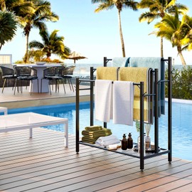 HavenlyYouth HavenlyYouth 3 Tier Towel Rack with Large Storage & 6 Hooks, Blanket Drying and Display Rack for Oversized Bath Towels, Free Standing Pool Towel Rack Stand for Bathroom Pool Indoor and Outdoor