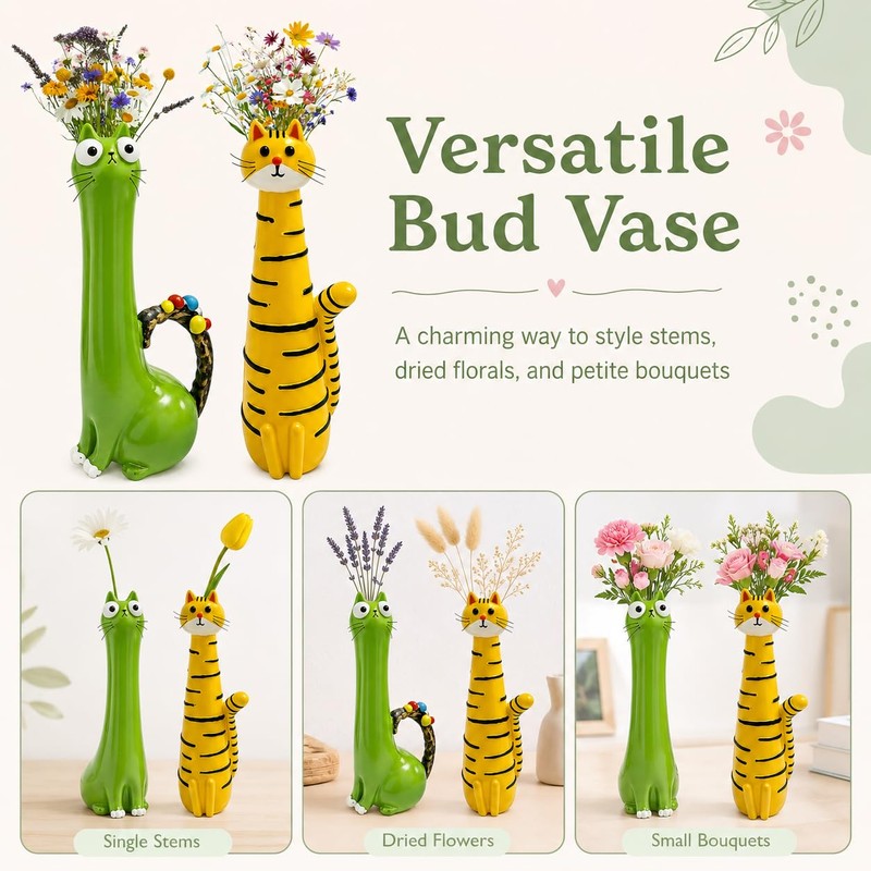 2 Pcs Quirky Cat Vases, Whimsical Resin Kitty Flower Vases,