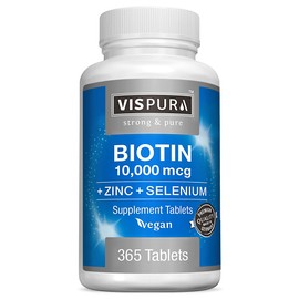 Biotin 10000 mcg + Zinc + Selenium, Pure, Vegan & Extra Strong, Best Supplement for Hair Growth, Glowing Skin, Strong Nails*, 365 Tablets for 12 Months, Natural Without Additives