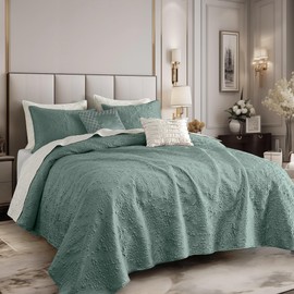 Wonderful Silky Satin Quilt Set 5 Pcs King Cooling Comforter Lightweight Summer Bedding Stitched Paisley Bedspread Quilting Floral Pattern Bed Coverlet for All Season (Mineral Blue)