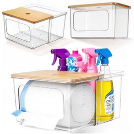 Remerry 2 Pcs Trash Bag Dispenser Holder, 2 in 1 Clear Acrylic Plastic Garbage Bags Container with Bamboo Lid Large Organizer Under Sink Storage Box for Kitchen Laundry Room Pantry Organization