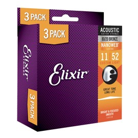 Elixir Elixir Strings, Acoustic Guitar Strings, 80/20 Bronze with NANOWEB Coating, Longest-Lasting Bright and Focused Tone with Comfortable Feel, 6 String Set, 3 Pack, Custom Light 11-52