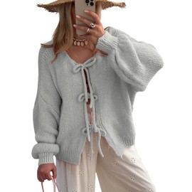 chouyatou Women's Cute Bow Knot Cardigan Fall Casual Oversized Ribbed Knit Sweater Cardigan Tops, Grey, Large
