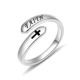 ACJNA 925 Sterling Silver Faith Cross Adjustable Ring Engraved Jewelry Inspirational Gift for Daughter Teen Women Men