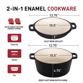 DishDelight 2-in-1 Pre-Seasoned Enameled Cast Iron Dutch Oven Pot with Lid and Dual Handles, Cast Iron Skillet Cookware Pan Set with Skillet Lid Cooking Pan, Black