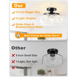 Slypadan Semi Flush Mount Ceiling Light, 12 Inch Large Black Ceiling Light Fixture, 3-Light Globe Glass Industrial Kitchen Lighting Fixtures for Bathroom, Hallway, Dining Room (Bulb Not Included)