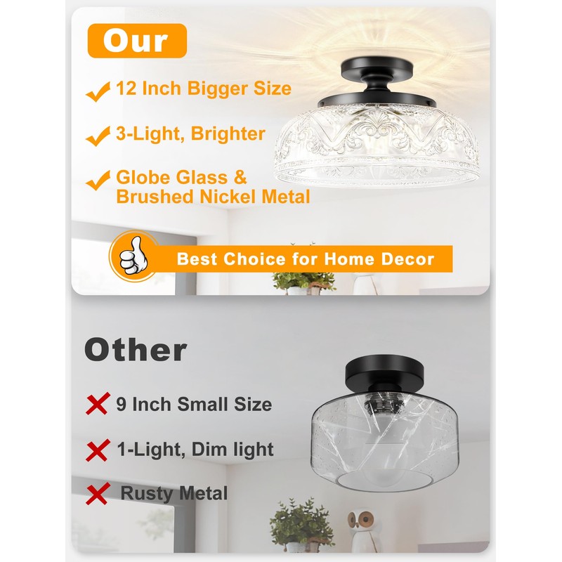 Slypadan Semi Flush Mount Ceiling Light, 12 Inch Large Black