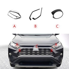 x xotic tech Set Carbon Fiber Style Exterior Front Grille Stripe Logo Ring Headlight Eyelid Accessories Cover Trim Combo Kit, Compatible with Toyota Rav4 2019 2020 2021 2022 2023 2024 2025