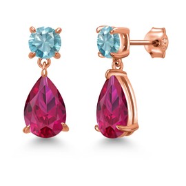 Gem Stone King 18K Rose Gold Plated Silver Red Created Ruby and Blue Zircon Teardrop Dangle Drop Earrings For Women (9.36 Cttw, Gemstone Birthstone, Pear Shape 12x8MM, Round 6MM)