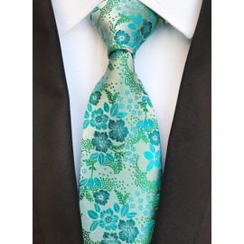 Men's Cyan Blue Green Tie Silver Floral Woven Silk Wedding Formal Classy Necktie for Boys Gentleman