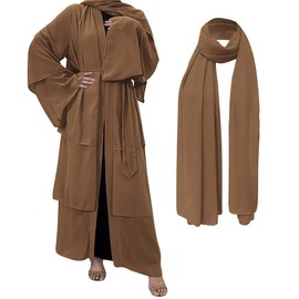 Chiffon Abaya for Women Muslim with Hijab Open Front Cardigan Dress Middle East Arab Dubai Islamic Robe Prayer Dress, Brown, Large