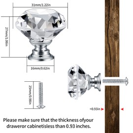 8 Pcs Crystal Cabinet Knobs, Decorative Diamond Shape Crystal Glass Dresser Knobs for Dresser Drawers Cupboard Wardrobe Furniture Cabinet Pulls Handles Kitchen Bathroom Bedroom Knob(Silver, 30mm)