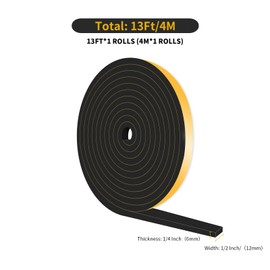 Weather Stripping Door Seal,Weather Stripping,Soundproof,Cold Insulation,High Density CR Foam Insulation Tape for Door, Front Door Frame, Windows,Sliding Door (Black, 1/2 in x 1/4 in x 13Ft)