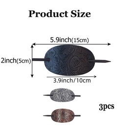 3Pcs Leather Hair Barrettes with Stick Hair, Leather Hair Clips,Oval Ponytail Holders,Faux Leather Barrettes with Oval Ponytail,Clips with Wood Slide Stick for Women Girls (A)
