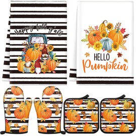 Bencailor 6 Pcs Fall Pumpkin Oven Mitts and Kitchen Towel Sets Vintage Autumn Kitchen Dish Soft Absorbent Pumpkin Pot Holders for Cooking Baking Grilling Supply Thanksgiving Harvest (Striped)