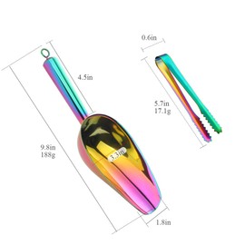 Mingcheng Stainless Steel Ice Scoop and Ice Tongs Small, Round Bottom Bar Ice Utility Scoop, 6 Inches Serving Tongs with Teeth for Large Cubes, Freezer, Ice Bucket Copper, Set of 3 (Rainbow)